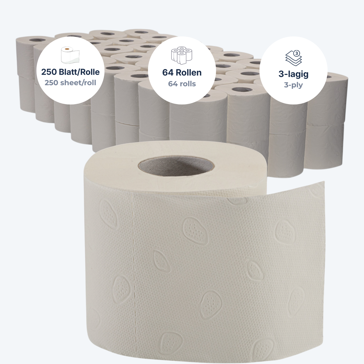 Toilettenpapier 3-lagig Zellulose, weiß – 64 Rollen à 250 Blatt | Großpack