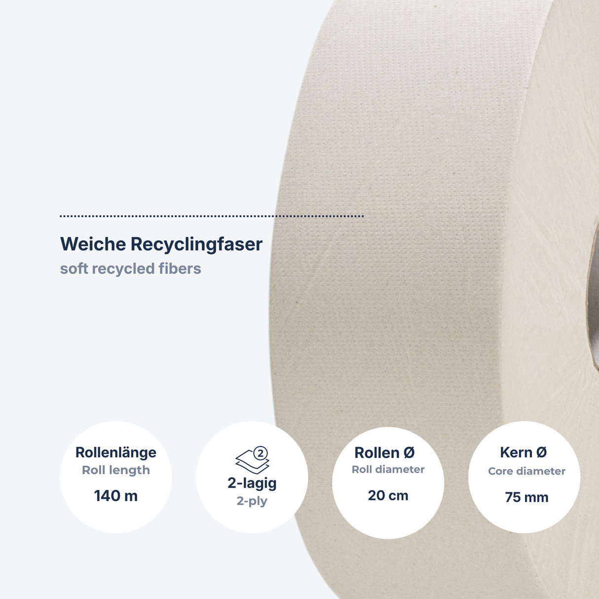 Mini-Jumbo-Toilettenpapier 2-lagig Recycling, naturweiß – 12 Rollen à 140 m | Großpack