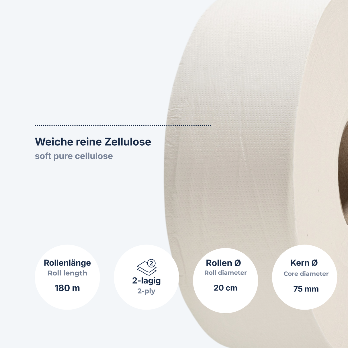 Mini-Jumbo-Toilettenpapier 2-lagig Zellulose, weiß – 12 Rollen à 180 m | Großpack