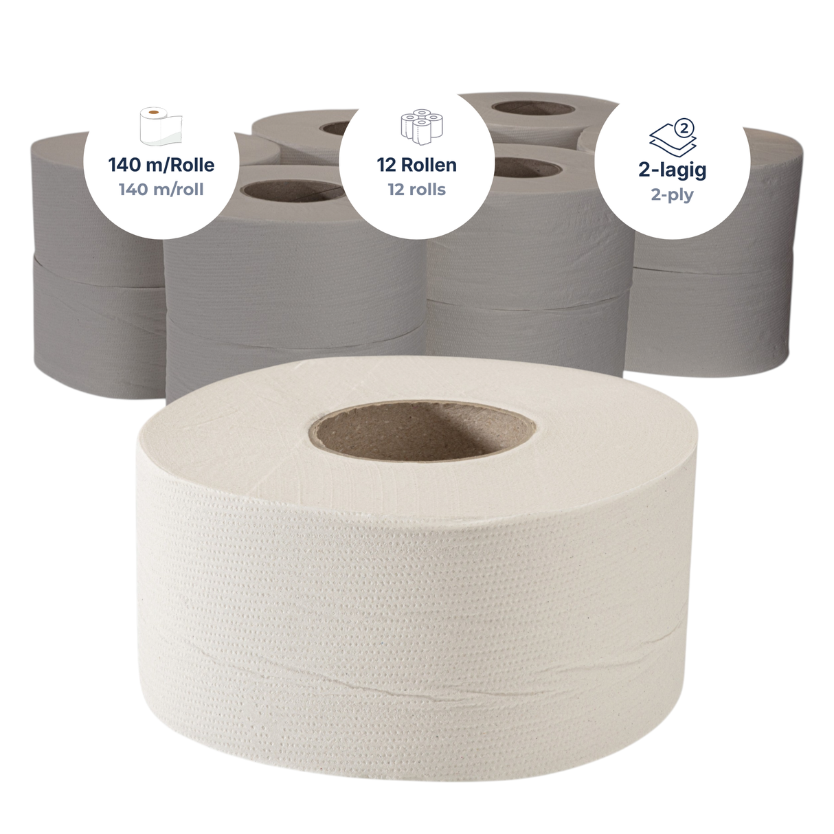 Mini-Jumbo-Toilettenpapier 2-lagig Recycling, naturweiß – 12 Rollen à 140 m | Großpack