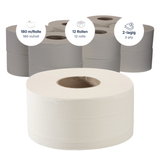 Mini-Jumbo-Toilettenpapier 2-lagig Zellulose, weiß – 12 Rollen à 180 m | Großpack